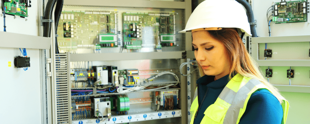 Auf diesem Bild ist eine Person zu sehen, die eine Ausbildung zum/r Elektronikers für Gebäude- und Infrastruktursysteme absolviert. Dieser Beruf ist sehr vielseitig und umfasst die Installation, Wartung und Reparatur von elektrischen Systemen in Gebäuden und Infrastrukturen. Die Person auf dem Bild ist damit beschäftigt, ein solches System zu installieren.