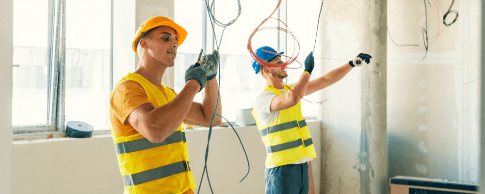 Auf diesem Bild ist eine Person zu sehen, die eine Ausbildung zum/r Elektroniker/in für Gebäudesystemintegration absolviert. Dieser Beruf umfasst die Planung, Installation und Wartung von elektrischen Anlagen in Gebäuden. Die Person auf dem Bild ist damit beschäftigt, eine solche Anlage zu installieren.