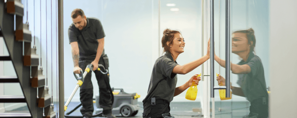 Dies ist ein Bild von einer Person, die eine Ausbildung zum/r Gebäudereiniger/in absolviert. Dieser Beruf ist sehr wichtig, da er dafür sorgt, dass unsere Gebäude sauber und hygienisch bleiben.